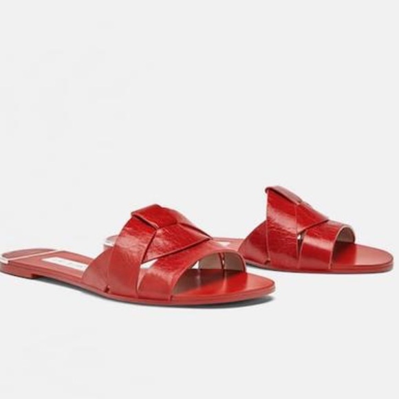 Zara Genuine Leather Red Crossover Slide Sandal Slipper Flat Shoes 37 / 6.5 NWT - Picture 6 of 13